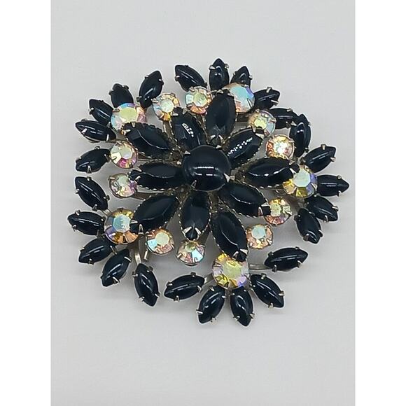 Amazing Bold Black Navette Prong Set Round Aurora Borealis Rhinestone Brooch Vtg - Picture 8 of 11